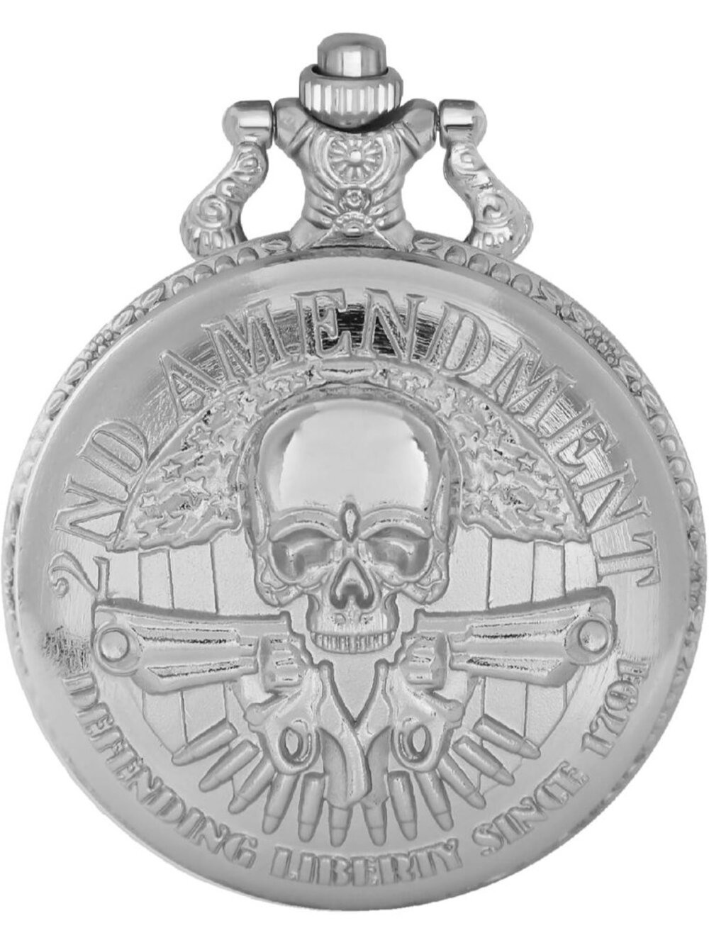 Men's Silver Analog Quartz Arabic Numerals Engraved Skull Vintage Pocket Watch - Picture 1 of 7